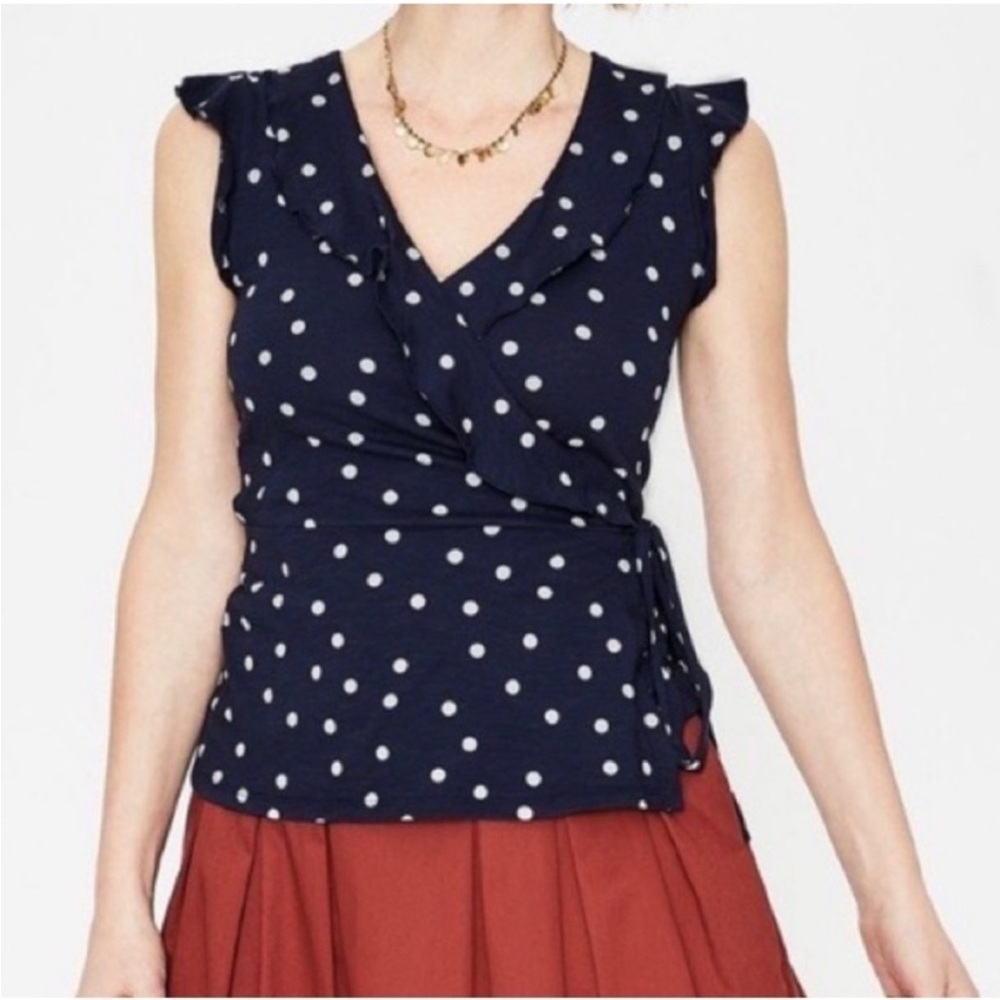 Boden Jodie Jersey Wrap Top Navy Polka Dot vneck shirt blouse Size 2 - Picture 1 of 8